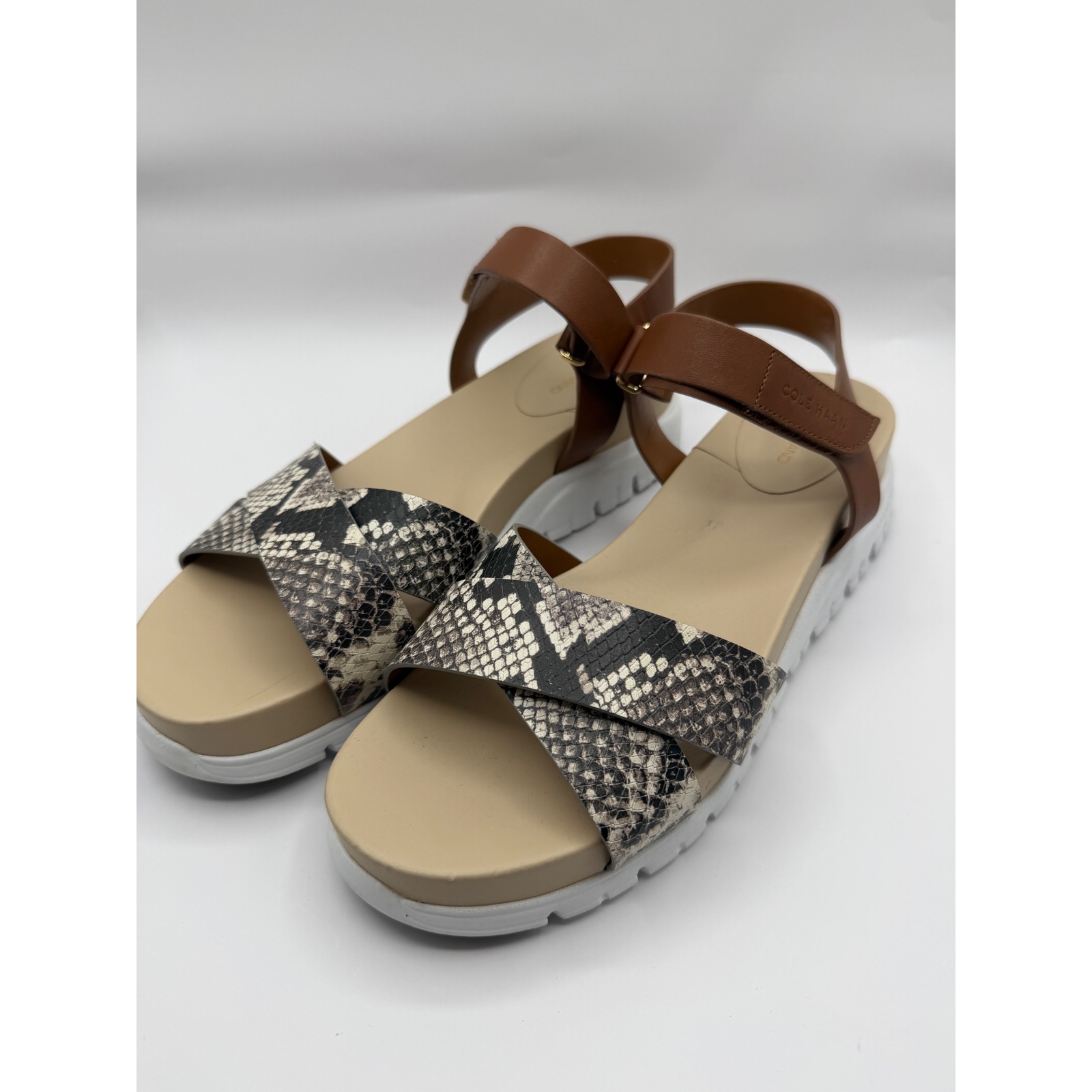 Cole Haan Zerogrand Sandals Ii Soho Womens 10 Brown Snakeskin Strappy Platform